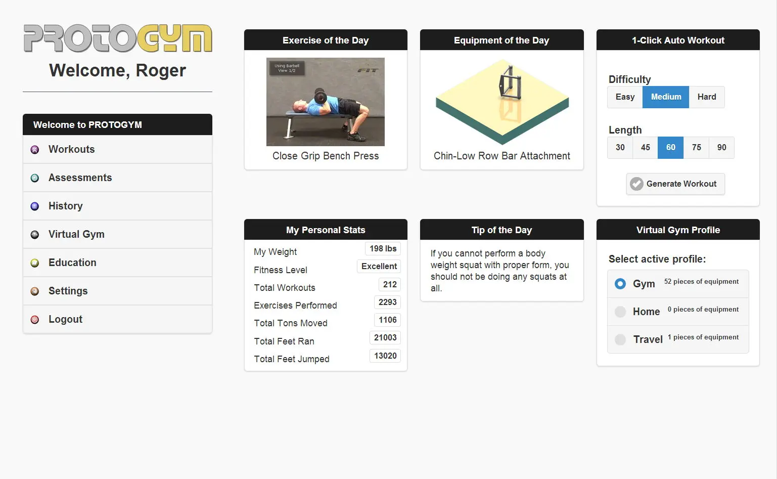 PROTOGYM training app dashboard